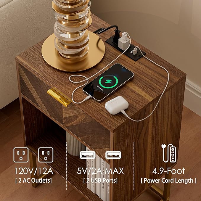 Masupu Nightstand with Charging Station, Modern Night Stand Boho Farmhouse Wood - Image 3