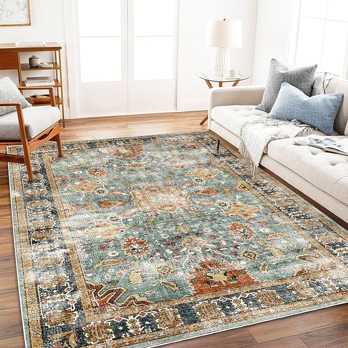 Area Rug 8'x10' Washable Rug Vintage Traditional Mat Distressed Indoor Foldable by CHAMPLANT