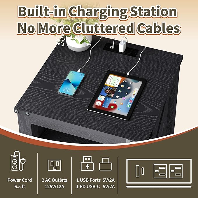 Farmhouse Nightstand with Charging Station, 18” Wide End Table with 2 Drawers - Image 3