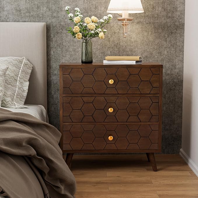 COSIEST Modern End Table w 3 Storage Drawers, Night Stand w Honeycomb Pattern - Image 3