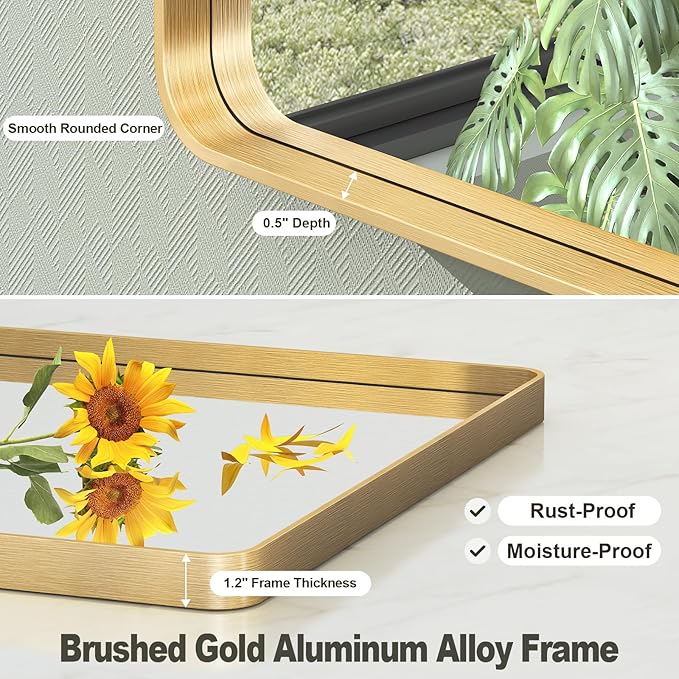20x30 Inch Gold Framed Bathroom Mirror, Rectangle Brushed Gold Metal Vanity - Image 2