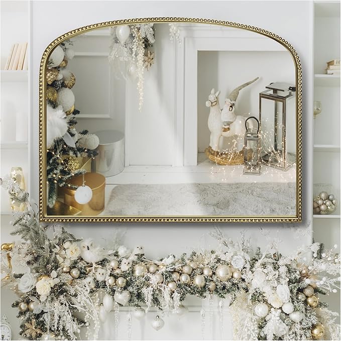 36"X28" Arched Wall Mirror for Fireplace Mantel, Vintage Gold Metal Beaded by Wemily