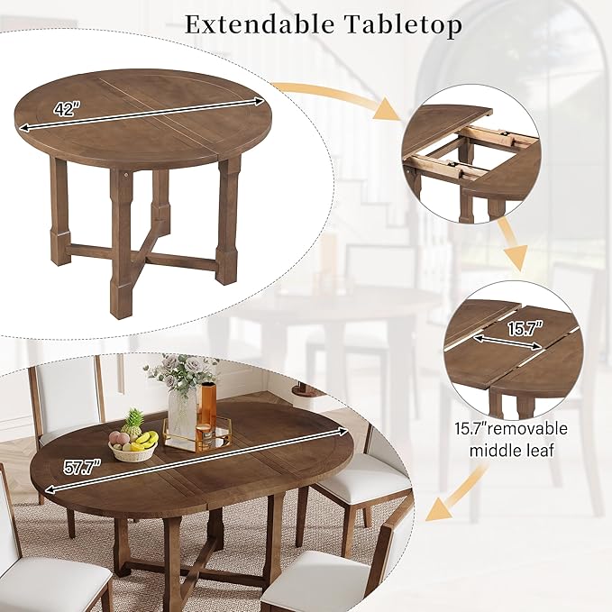 Merax 5-Piece Extendable Dining Table and 4 Upholstered Chairs, Round Oval - Image 8