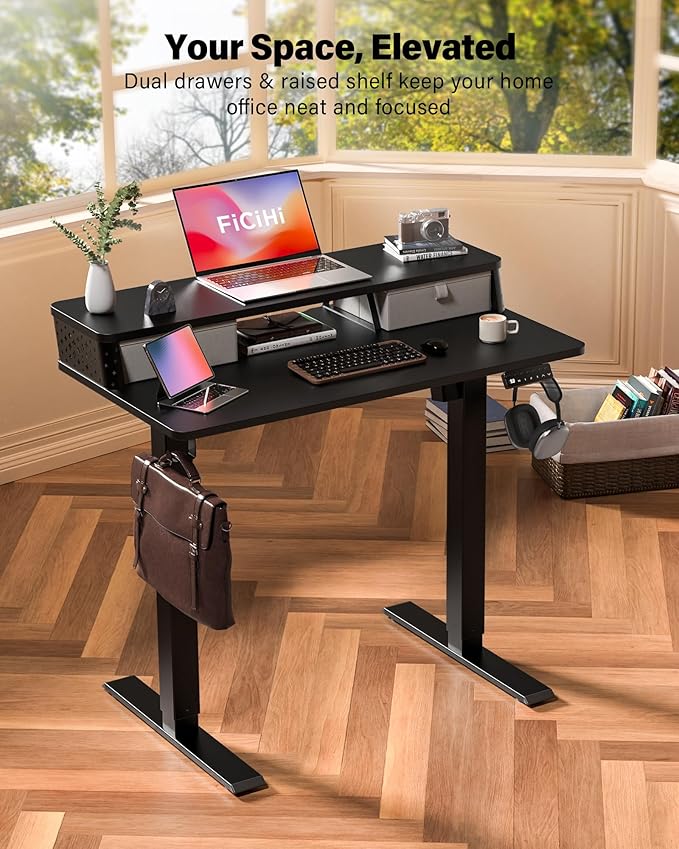 35x20 Inch Standing Desk with Double Drawers, C-Clamp Mount Compatible - Image 2