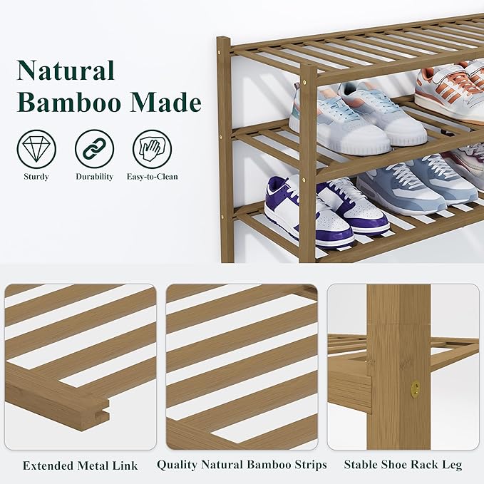 Smiry Shoe Rack, 3 Tier Thick Bamboo Shoe Organizer, Stackable Free Standing - Image 3