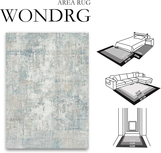 8x10 Washable Area Rug Blue Cream Modern Neutral Abstract Living Room Bedroom - Image 2