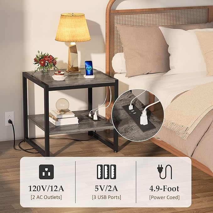 Homieasy End Table with Charging Station, 20 Inch Mini Fridge Stand with 2-Tier - Image 6