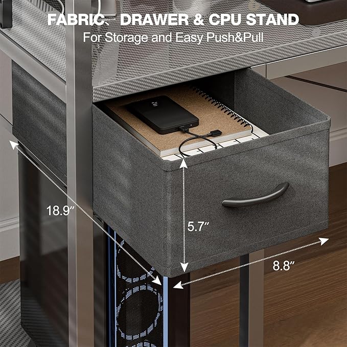 Gaming Desk 55 Inch with Power Outlet and LED Light, Computer Desk with - Image 8