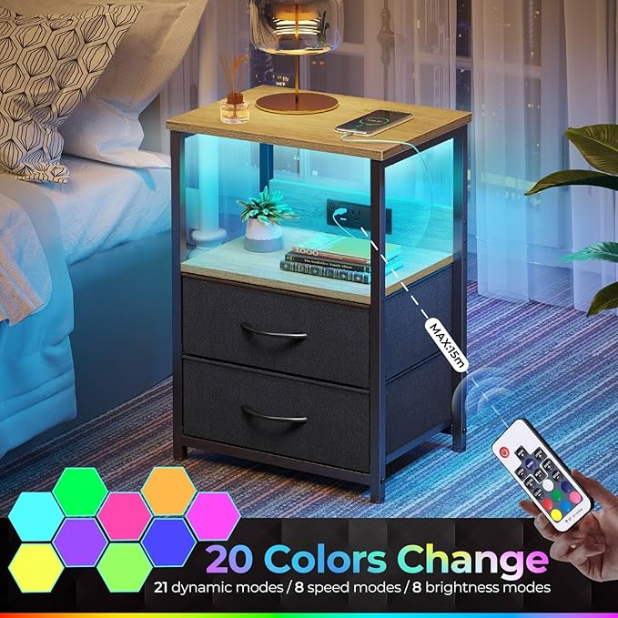 Seventable Nightstand with Charging Station, Bedside Table with LED Lights - Image 4