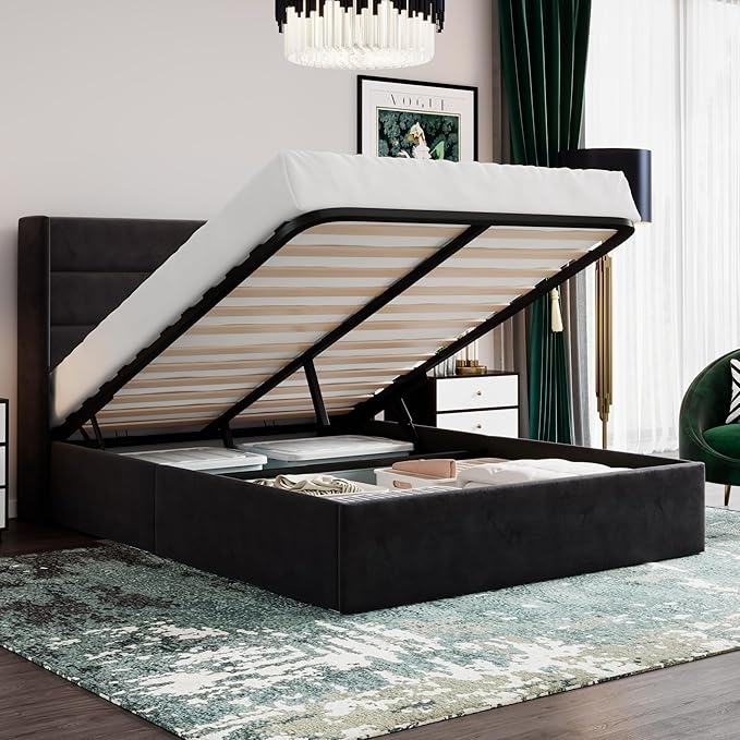 SHA CERLIN Full Size Lift Up Storage Bed/Velvet Upholstered/Modern Wingback by SHACERLIN