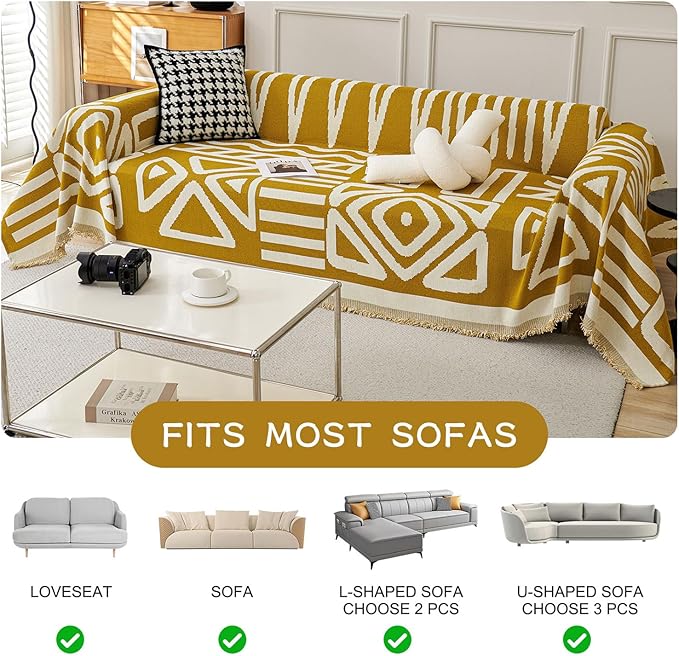 STACYPIK Mustard Yellow Boho Sofa Cover Couch Cover Reversible Jacquard - Image 9