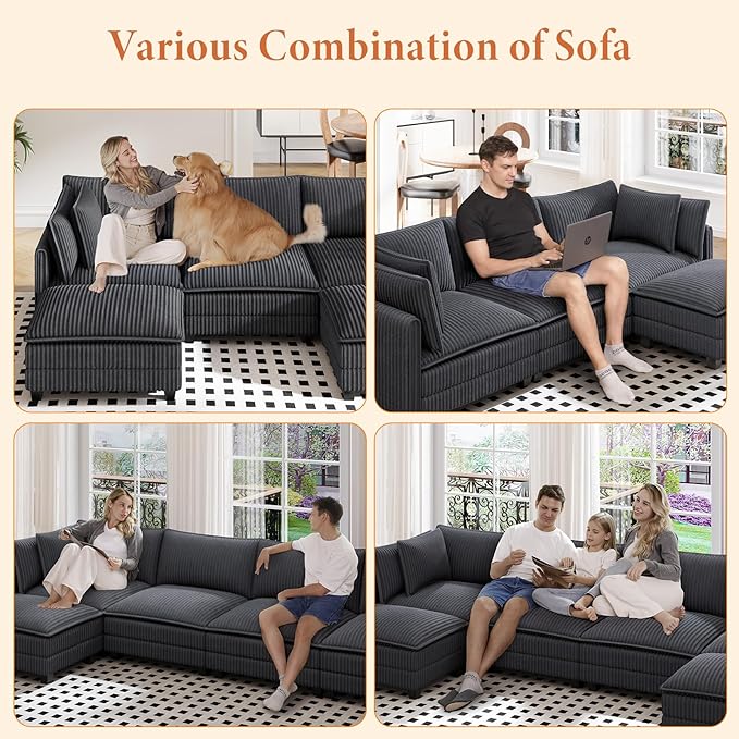 Vesgantti 143" L Shaped Modular Sectional Sofa, Comfy Corduroy Upholstered - Image 5
