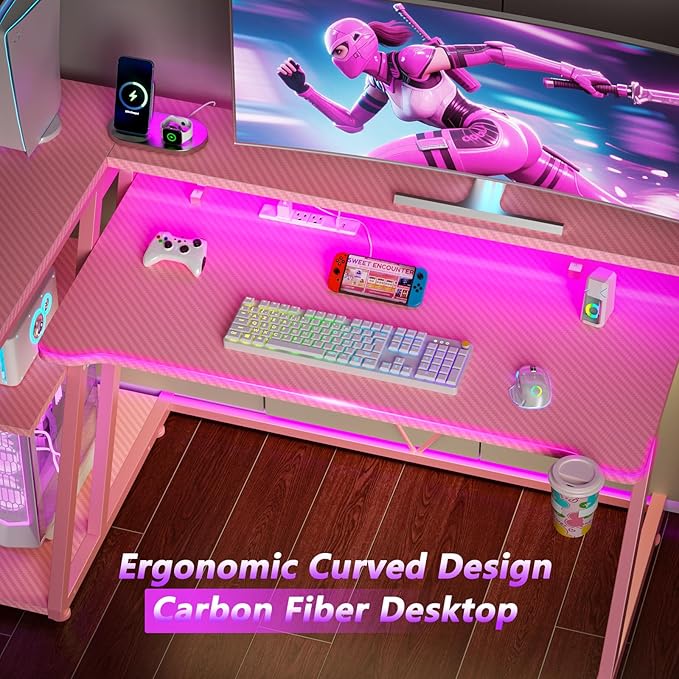 47 Inch Pink Gaming Desk with Power Outlet & LED Lights, Corner Computer Desk - Image 8