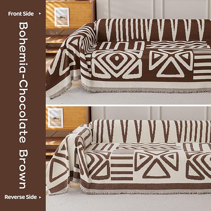 STACYPIK Boho Chocolate Beige Sofa Cover Anti-Slip Reversible Couch Cover - Image 6