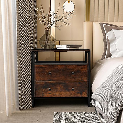 27 inch Wide Nightstand with Charging Station, Bedside Table with Open Shelf - Image 2
