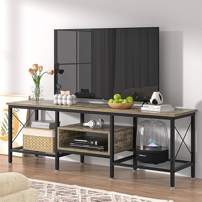 VECELO Industrial TV Stand for 75 Inch Television Cabinet 3-Tier Console - Image 2