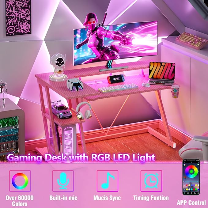 40 Inch Pink Gaming Desk with Power Outlet & LED Lights, Corner Computer Desk - Image 4
