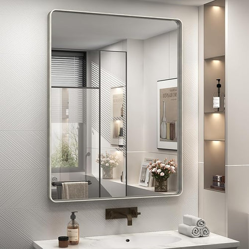 28x36 Silver Bathroom Mirror for Wall, Brushed Metal Framed Bathroom Vanity by CHARMOR