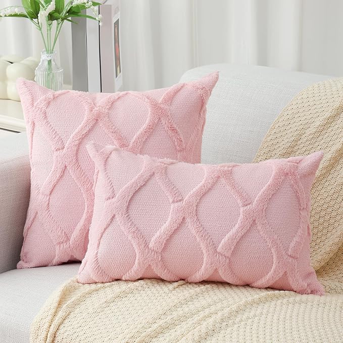 decorUhome Throw Pillow Covers 12x20 Inch Set of 2, Soft Plush Faux Fur Wool - Image 4