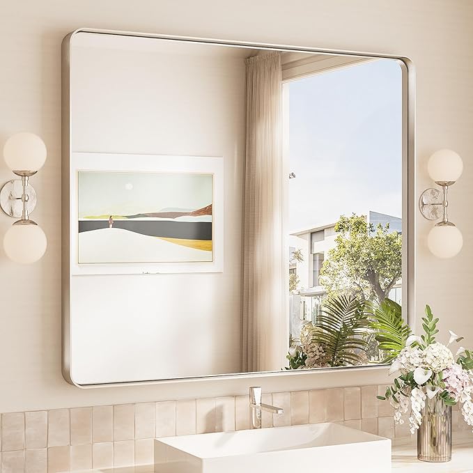 TokeShimi 42x36 Brushed Nickel Bathroom Wall Mirror Vanity Metal Frame Round by RefinedBathroomAccessories