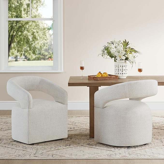 Upholstered Dining Chairs with Casters Modern Barrel Side Armchair with Rollers - Image 2