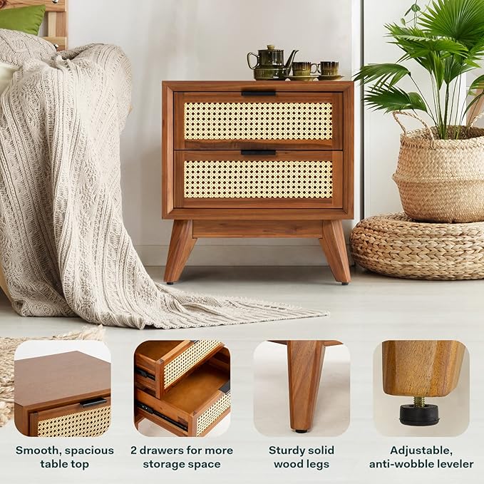 Bme Jasper Deluxe Solid Wood Rattan Nightstand Fully Assembled - Image 5