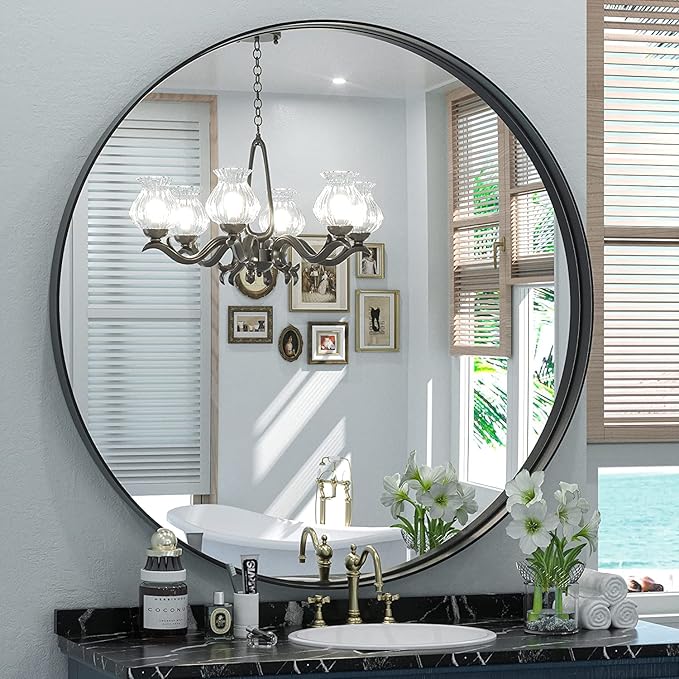 Keonjinn Black Round Mirror 24 Inch, Brushed Black Framed Circle Mirror - Image 9