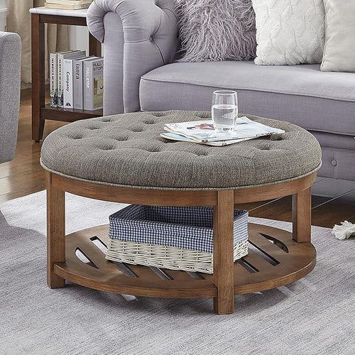 24KF Large Round Upholstered Tufted Linen Ottoman Coffee Table, Large Footrest by WEMARTHOMEDECOR