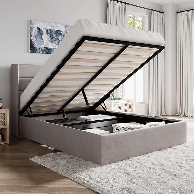 SHA CERLIN Queen Size Lift Up Storage Bed/Modern Wingback Headboard/Upholstered by SHACERLIN