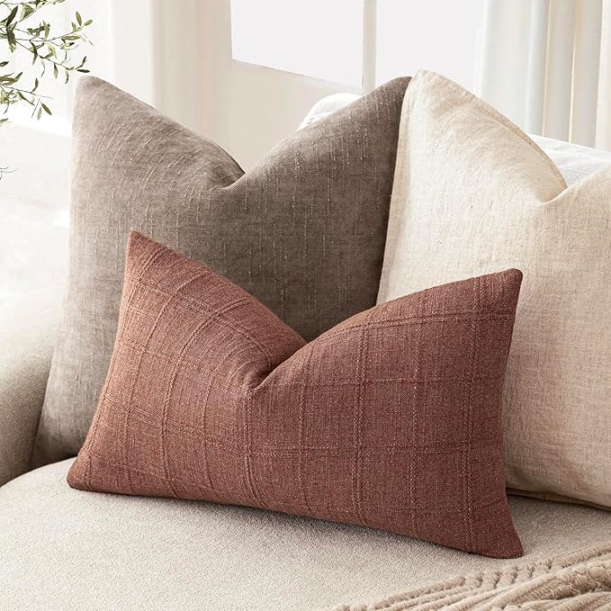 Foindtower Set of 2 Decorative Linen Check Throw Pillow Covers Neutral - Image 4