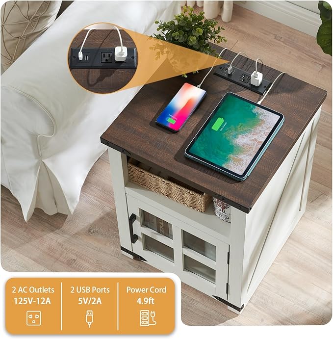 Farmhouse Nightstand with Charging Station, Rustic End Table with Tempered - Image 4