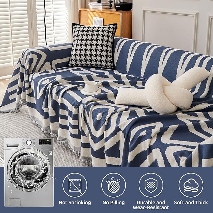 STACYPIK Boho Chenille Blue Sofa Cover L Shaped Couch Cover Reversible Couch - Image 9