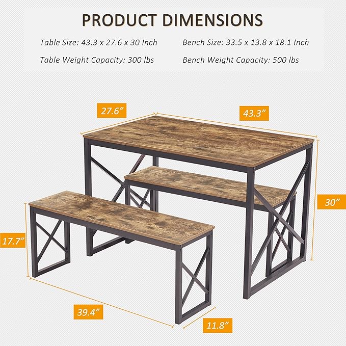 VECELO Kitchen Table with 2 Benches - Image 4