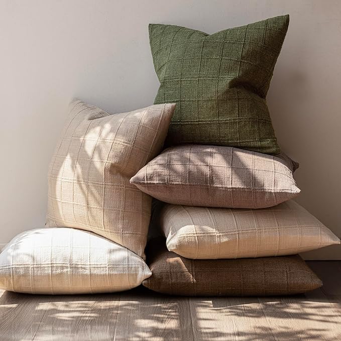 Foindtower Set of 2 Decorative Linen Check Throw Pillow Covers Neutral Long - Image 7