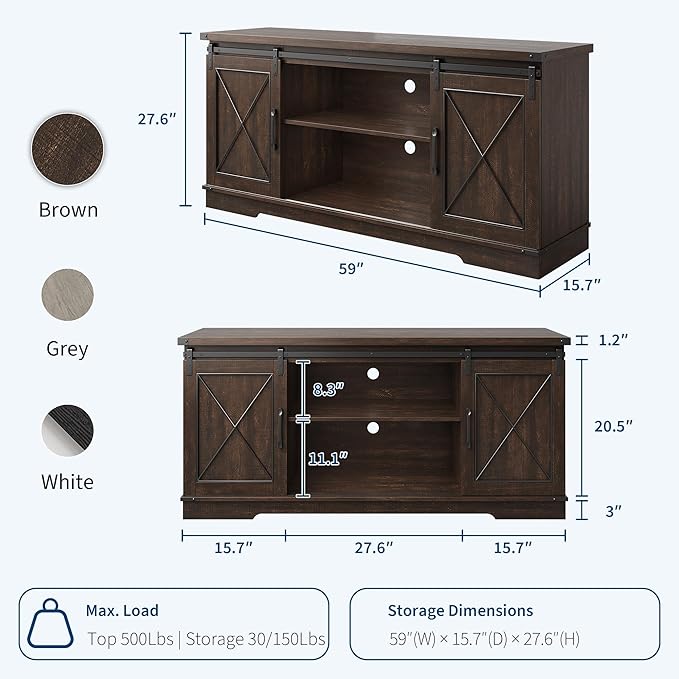 GAOMON Farmhouse 59" TV Stand Up to 65 Inches, Mid Century Modern TV - Image 2