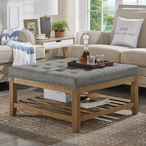 24KF Large Square Upholstered Tufted Linen Ottoman Coffee Table, Large Footrest by WEMARTHOMEDECOR