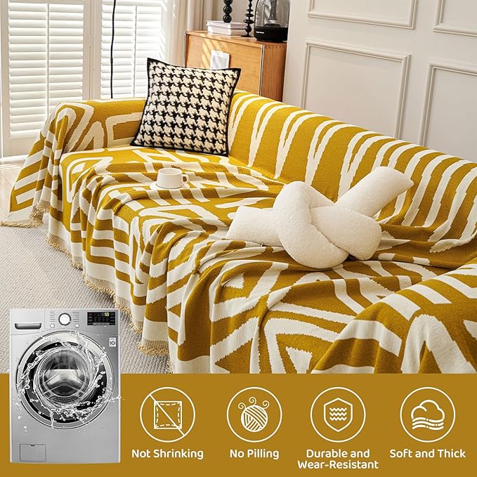 STACYPIK Mustard Yellow Boho Sofa Cover Couch Cover Reversible Jacquard - Image 8