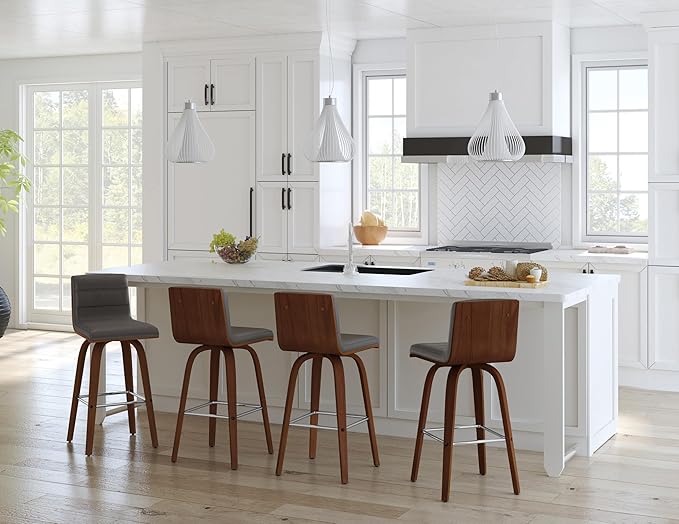 Armen Living Vienna 26" Counter Height Swivel Grey Faux Leather and Walnut Wood - Image 2