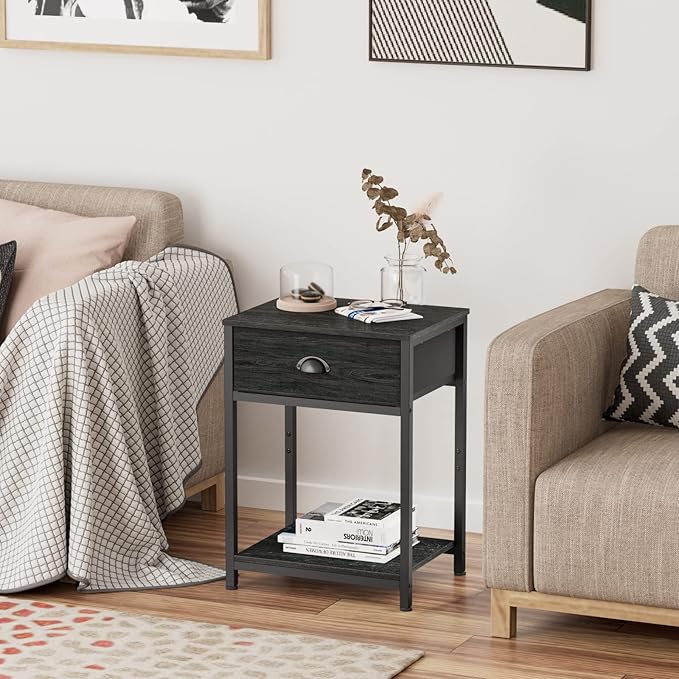 Furologee Nightstand with Fabric Drawer & Storage Shelf, Small Bedside Table - Image 6