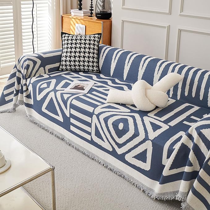 STACYPIK Jacquard Blue Geometric Sofa Cover Thick Soft Boho Couch Covers - Image 4