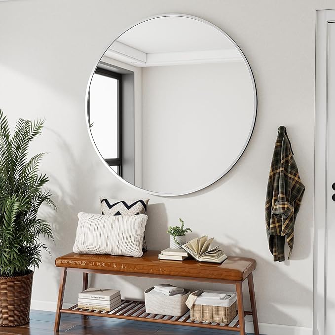Silver Round Bathroom Mirror, 48 inch Large Circle Wall Mounted Hanging Mirror - Image 7