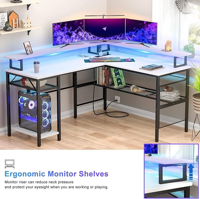 Unikito L-Shaped Desk with LED Strip and Power Outlets, Reversible Corner - Image 4