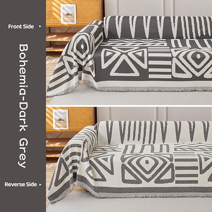 STACYPIK Dark Grey Chenille Couch Covers, Boho Sofa Covers - Image 3