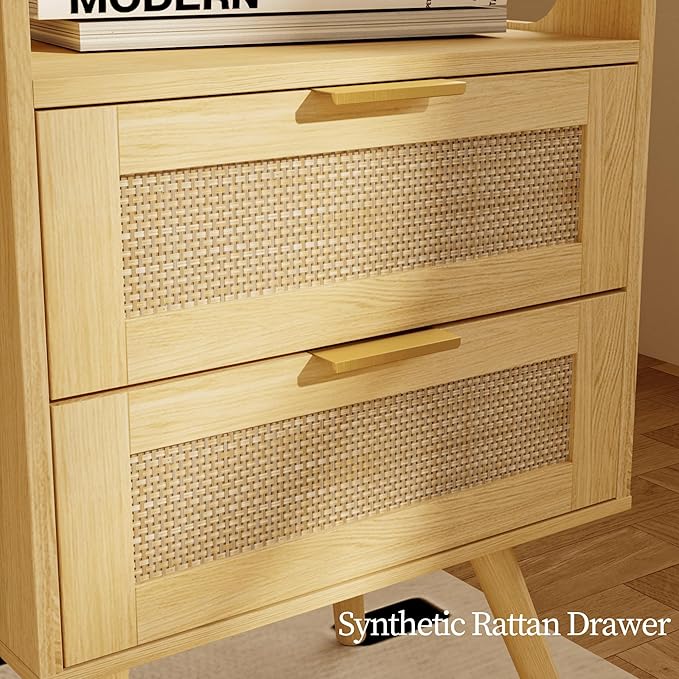 Rattan Nightstand with Charging Station, Farmhouse Bedside Table with 2 Storage - Image 6