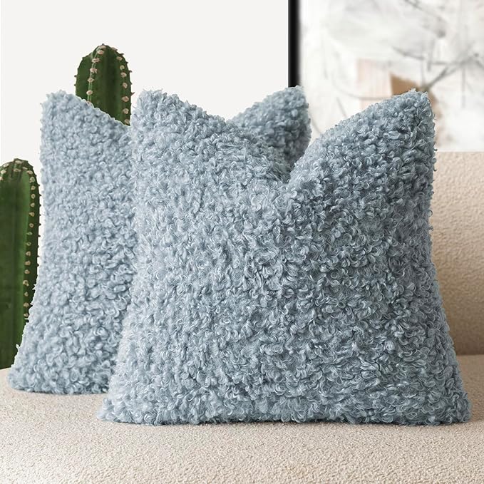 Foindtower 2 Pieces 22x22 Inch Misty Blue, Faux Fur Throw Pillow Cover Accent by Foindtower