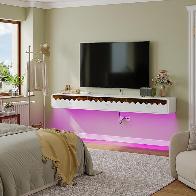 Floating TV Stand, 70IN Fully-Assembled Wall Mounted Wave Glass - Image 6