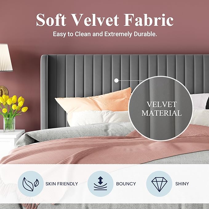 Allewie King Size Velvet Bed Frame/Vertical Channel Tufted Wingback - Image 5