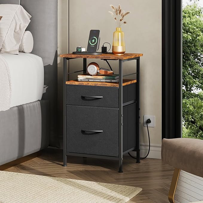 WLIVE Nightstand with Charging Station, Night Stand with 2 Fabric Drawers - Image 2