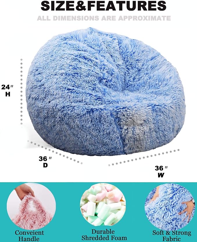 Fluffy Bean Bag Chair, 3FT Round Memory Foam Filled Bean Bag - Image 3
