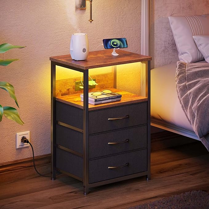 Seventable Nightstand with Charging Station and LED Light, Side Table with 3 - Image 5